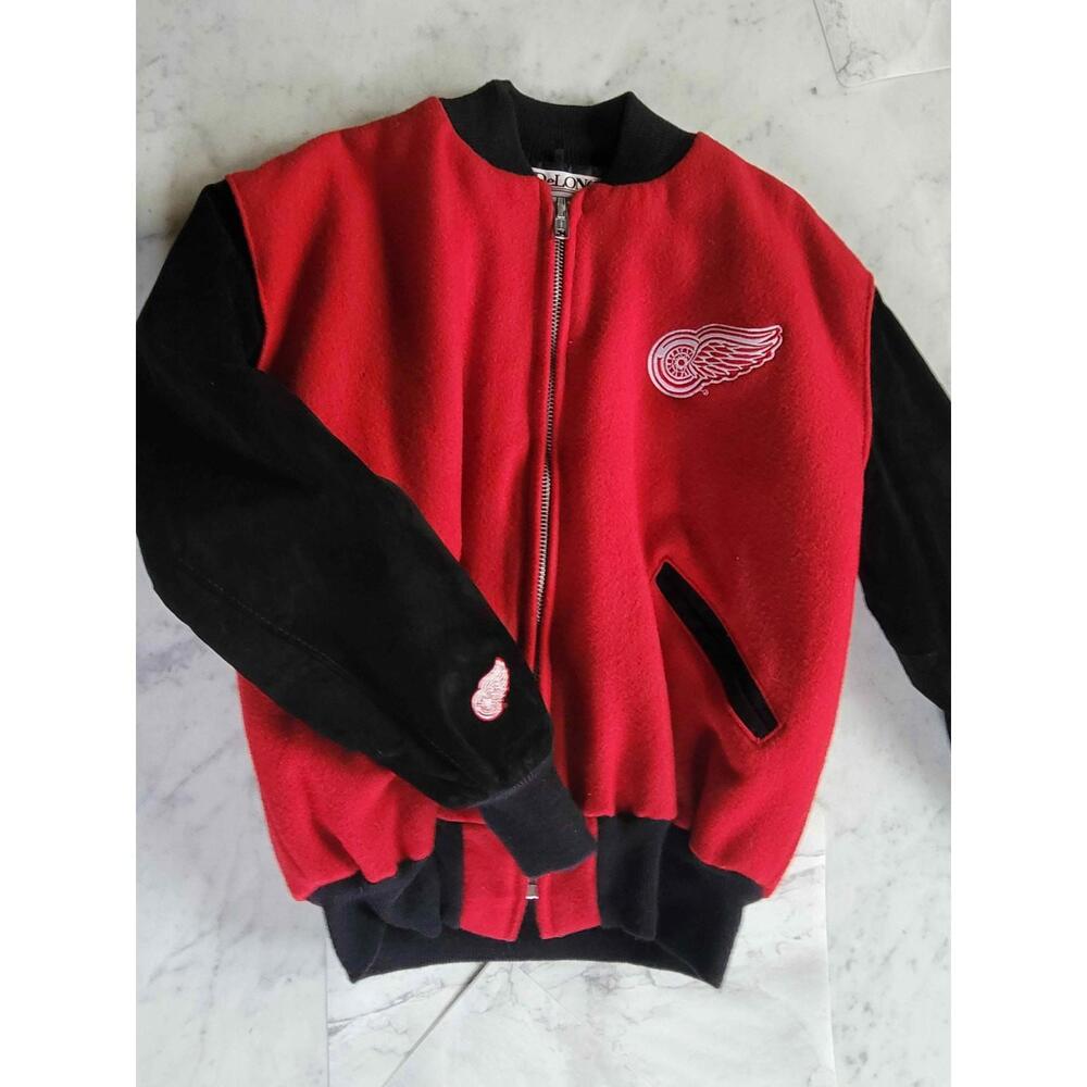 Vtg 90s DELONG Varsity Jacket Mens Detroit Red Wing NHL Quilted Suede USA L